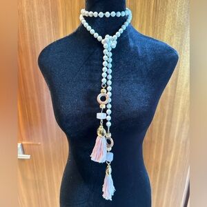 Handmade Long Boho Necklace with Natural Stones & Tassel